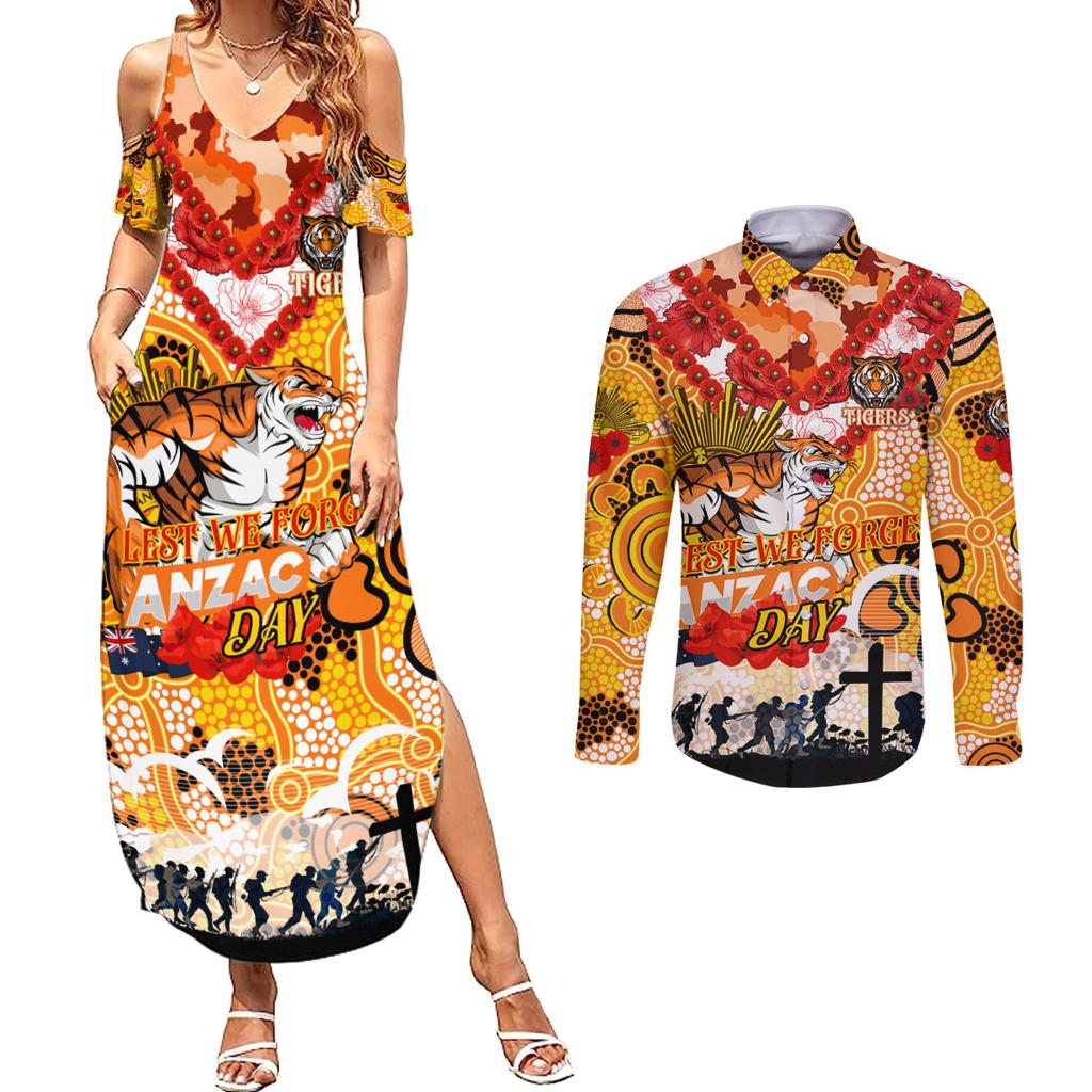 Personalised Tigers ANZAC Day Couples Matching Summer Maxi Dress and Long Sleeve Button Shirt Aboriginal Rising Sun