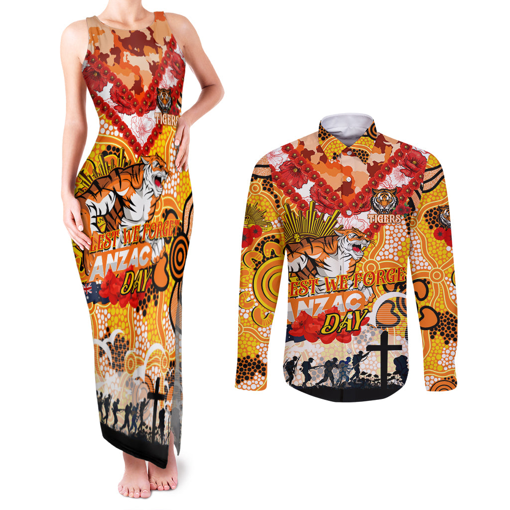 Personalised Tigers ANZAC Day Couples Matching Tank Maxi Dress and Long Sleeve Button Shirt Aboriginal Rising Sun