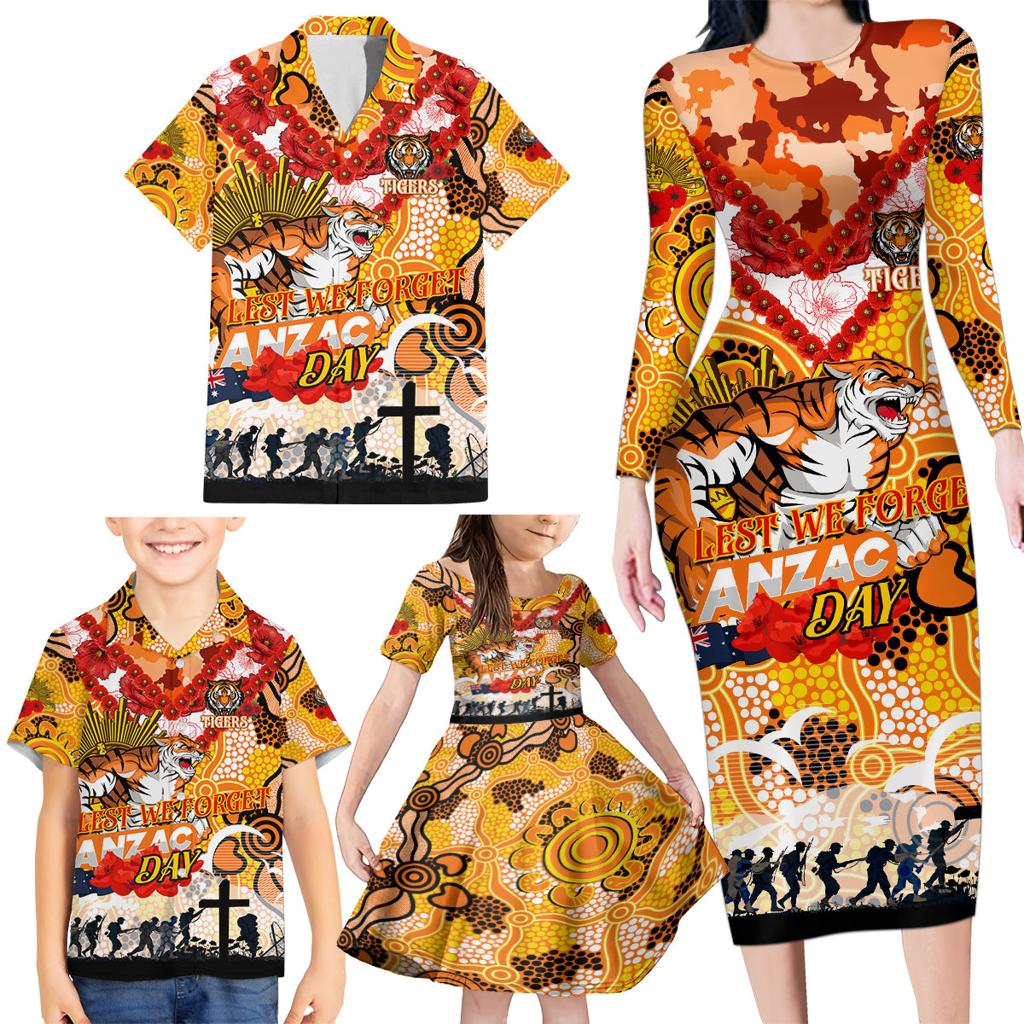Personalised Tigers ANZAC Day Family Matching Long Sleeve Bodycon Dress and Hawaiian Shirt Aboriginal Rising Sun