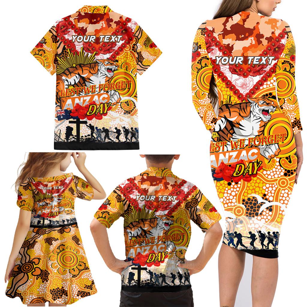 Personalised Tigers ANZAC Day Family Matching Long Sleeve Bodycon Dress and Hawaiian Shirt Aboriginal Rising Sun