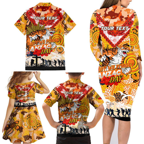 Personalised Tigers ANZAC Day Family Matching Long Sleeve Bodycon Dress and Hawaiian Shirt Aboriginal Rising Sun
