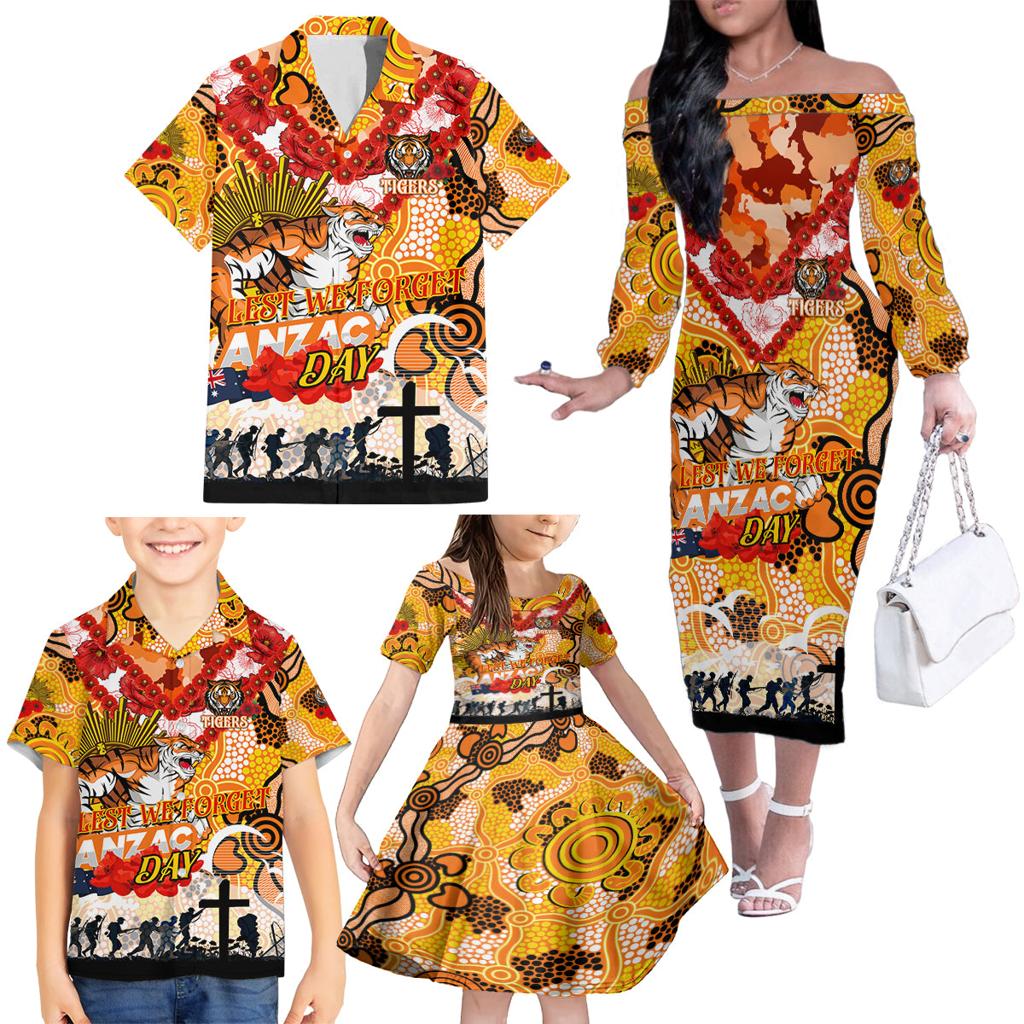 Personalised Tigers ANZAC Day Family Matching Off The Shoulder Long Sleeve Dress and Hawaiian Shirt Aboriginal Rising Sun