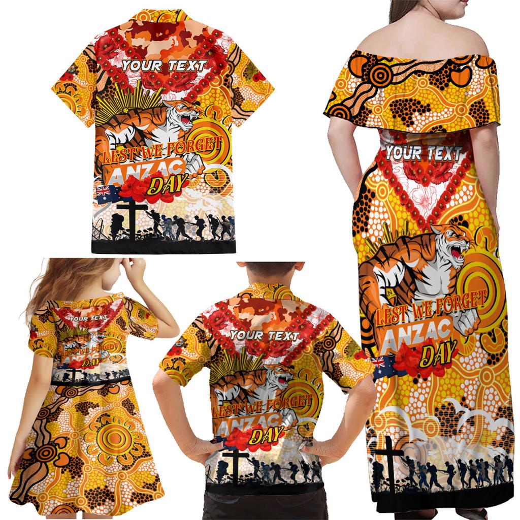 Personalised Tigers ANZAC Day Family Matching Off Shoulder Maxi Dress and Hawaiian Shirt Aboriginal Rising Sun
