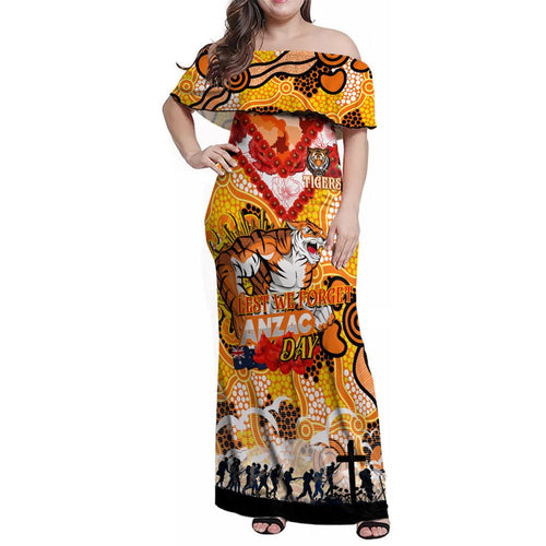 Personalised Tigers ANZAC Day Family Matching Off Shoulder Maxi Dress and Hawaiian Shirt Aboriginal Rising Sun
