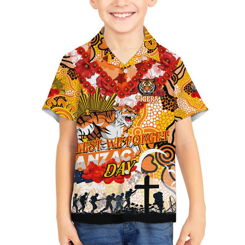 Personalised Tigers ANZAC Day Family Matching Off Shoulder Maxi Dress and Hawaiian Shirt Aboriginal Rising Sun