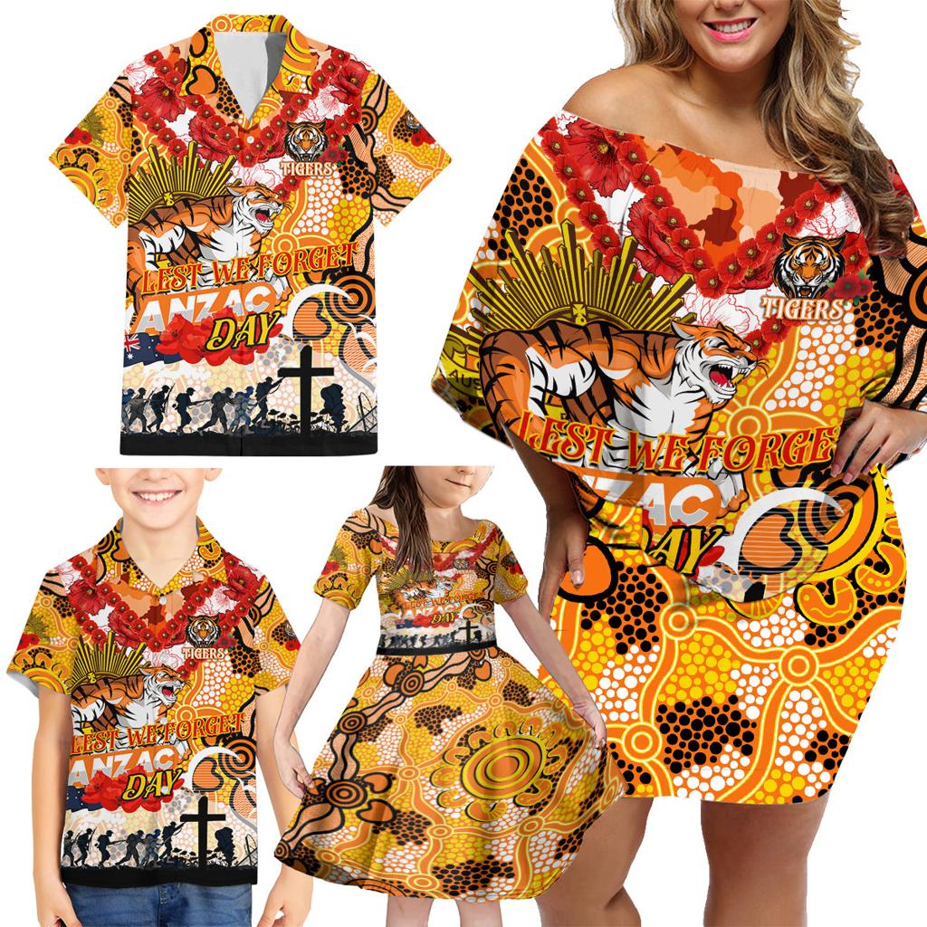 Personalised Tigers ANZAC Day Family Matching Off Shoulder Short Dress and Hawaiian Shirt Aboriginal Rising Sun
