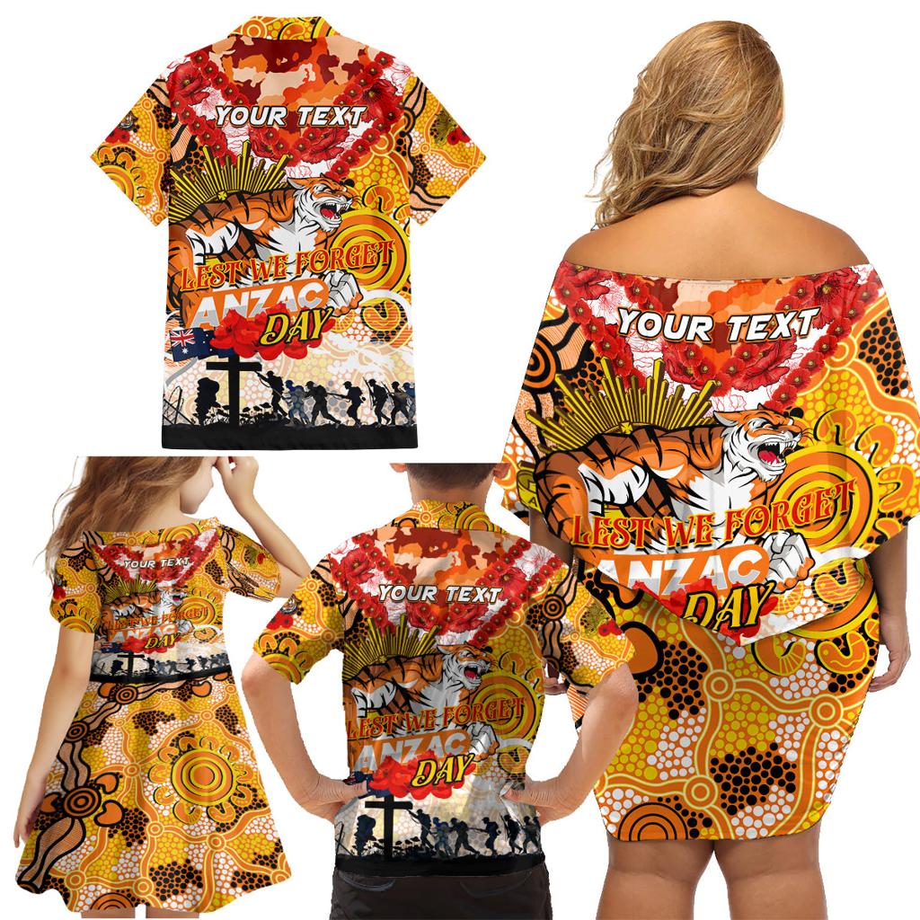 Personalised Tigers ANZAC Day Family Matching Off Shoulder Short Dress and Hawaiian Shirt Aboriginal Rising Sun