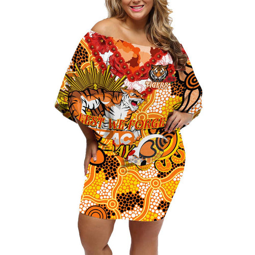 Personalised Tigers ANZAC Day Family Matching Off Shoulder Short Dress and Hawaiian Shirt Aboriginal Rising Sun