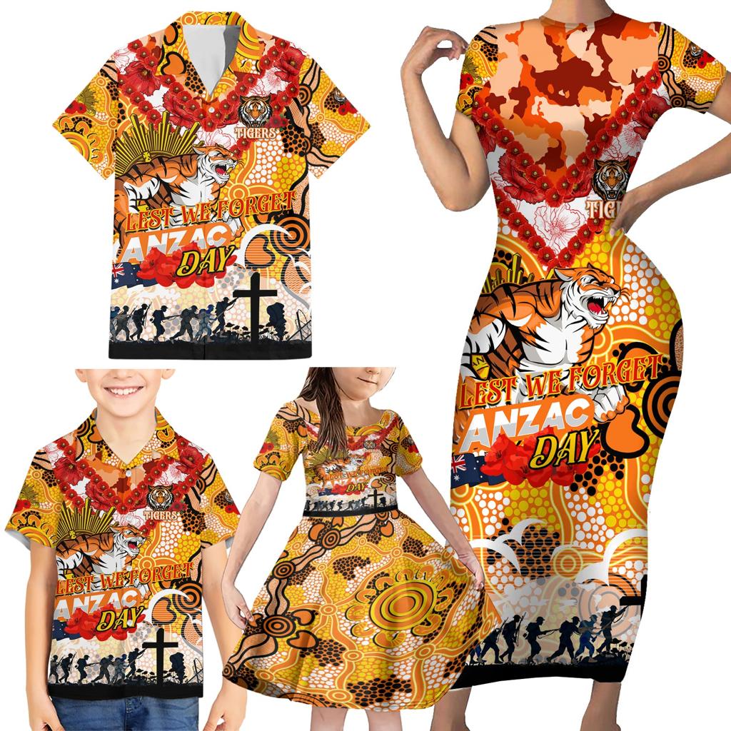 Personalised Tigers ANZAC Day Family Matching Short Sleeve Bodycon Dress and Hawaiian Shirt Aboriginal Rising Sun