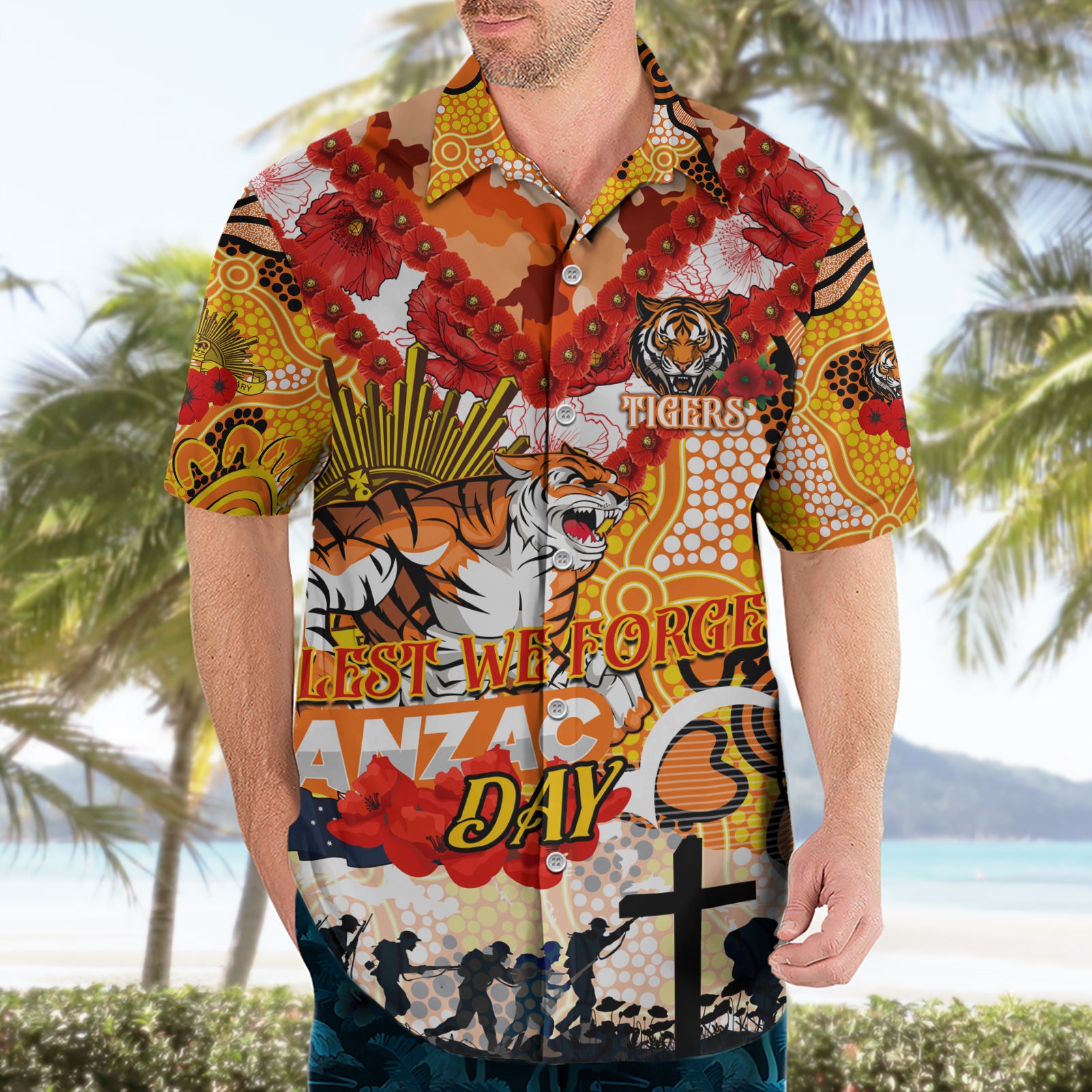 Personalised Tigers ANZAC Day Hawaiian Shirt Aboriginal Rising Sun