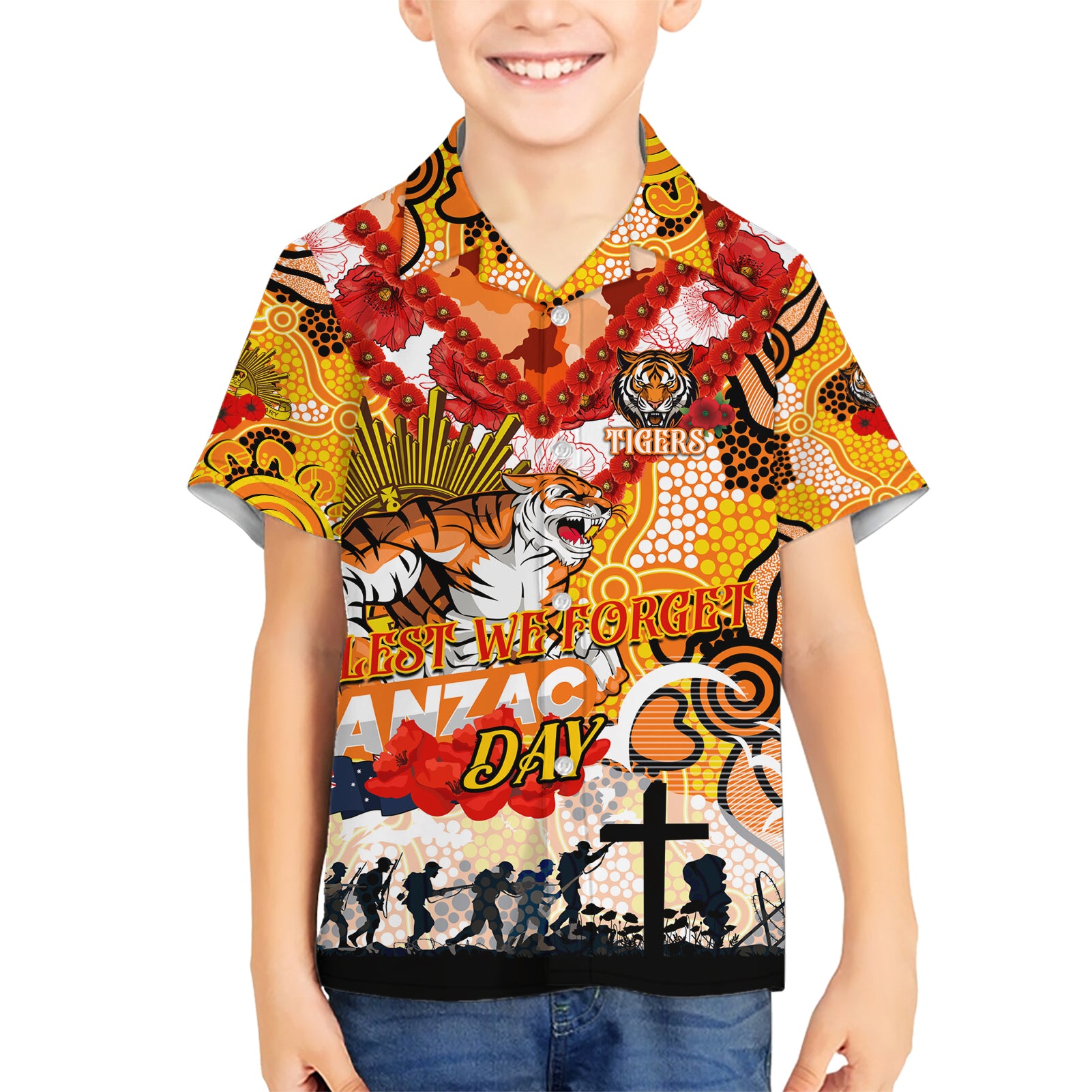 Personalised Tigers ANZAC Day Kid Hawaiian Shirt Aboriginal Rising Sun