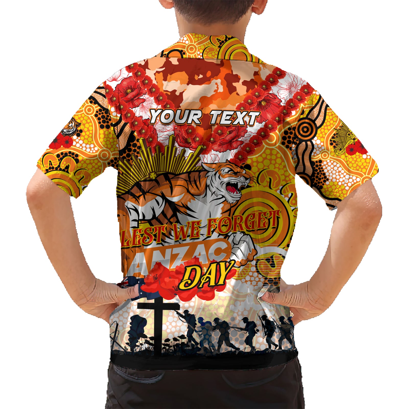 Personalised Tigers ANZAC Day Kid Hawaiian Shirt Aboriginal Rising Sun