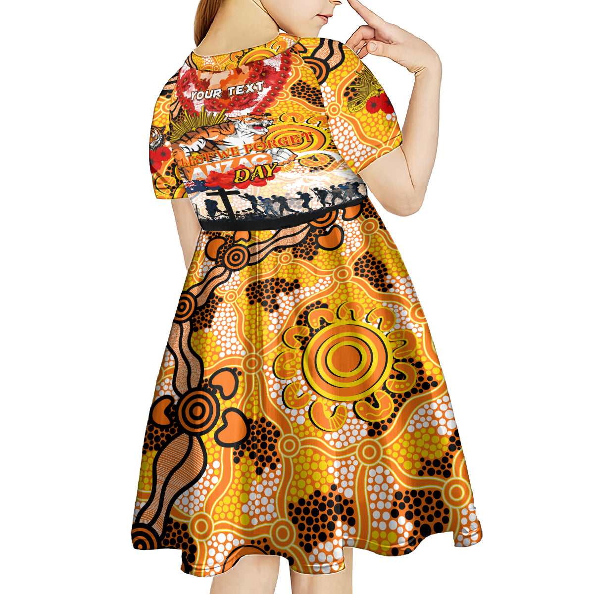 Personalised Tigers ANZAC Day Kid Short Sleeve Dress Aboriginal Rising Sun