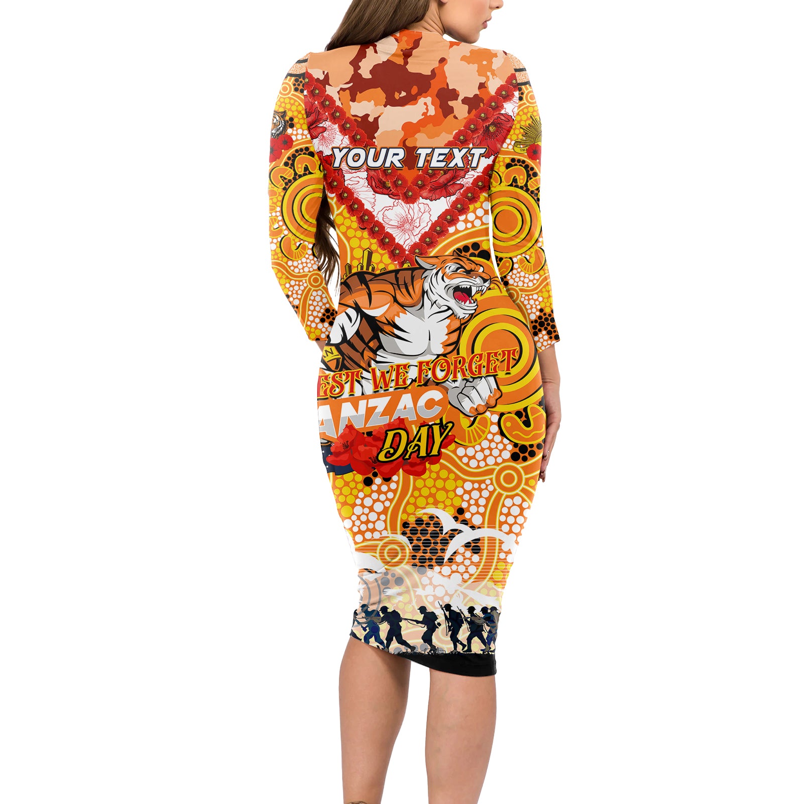 Personalised Tigers ANZAC Day Long Sleeve Bodycon Dress Aboriginal Rising Sun