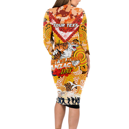 Personalised Tigers ANZAC Day Long Sleeve Bodycon Dress Aboriginal Rising Sun