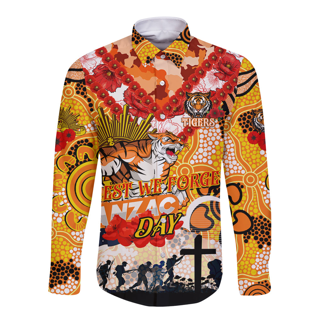 Personalised Tigers ANZAC Day Long Sleeve Button Shirt Aboriginal Rising Sun