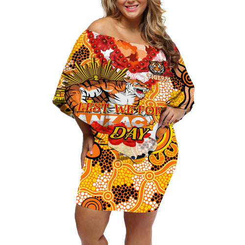 Personalised Tigers ANZAC Day Off Shoulder Short Dress Aboriginal Rising Sun