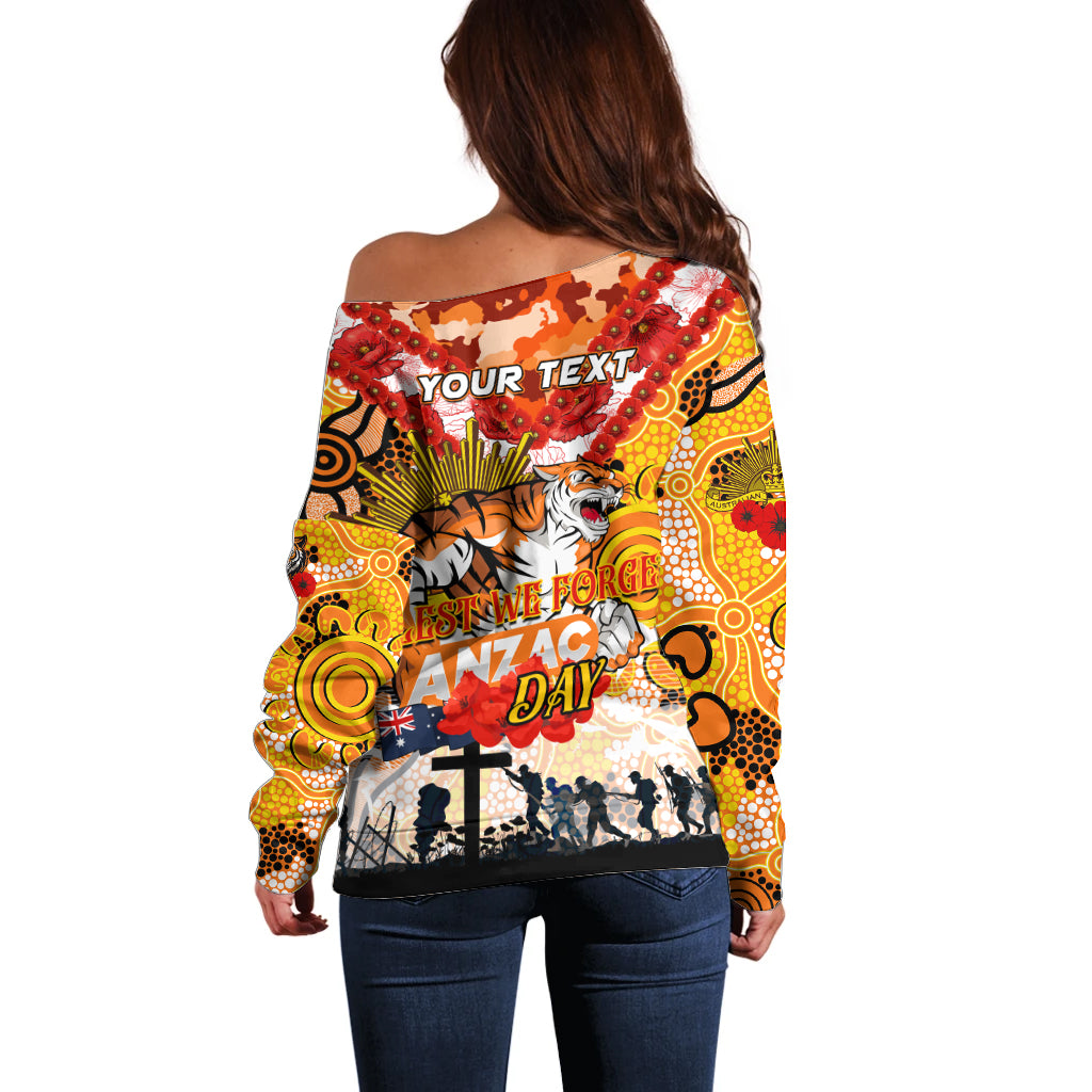 Personalised Tigers ANZAC Day Off Shoulder Sweater Aboriginal Rising Sun