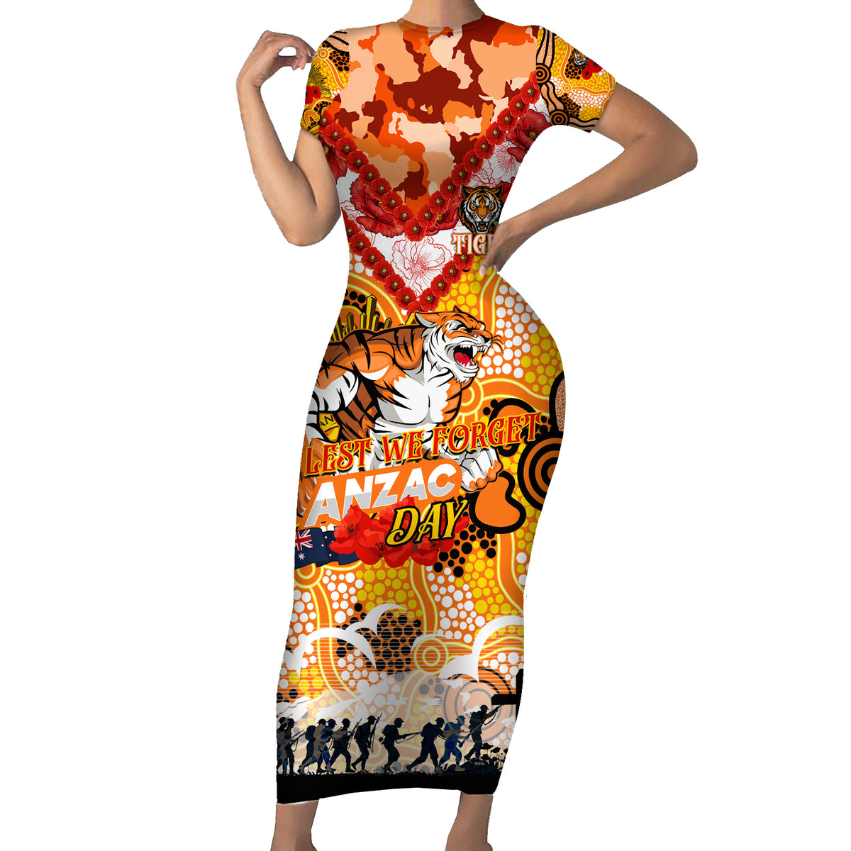 Personalised Tigers ANZAC Day Short Sleeve Bodycon Dress Aboriginal Rising Sun