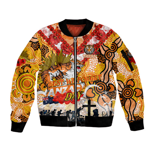 Personalised Tigers ANZAC Day Sleeve Zip Bomber Jacket Aboriginal Rising Sun