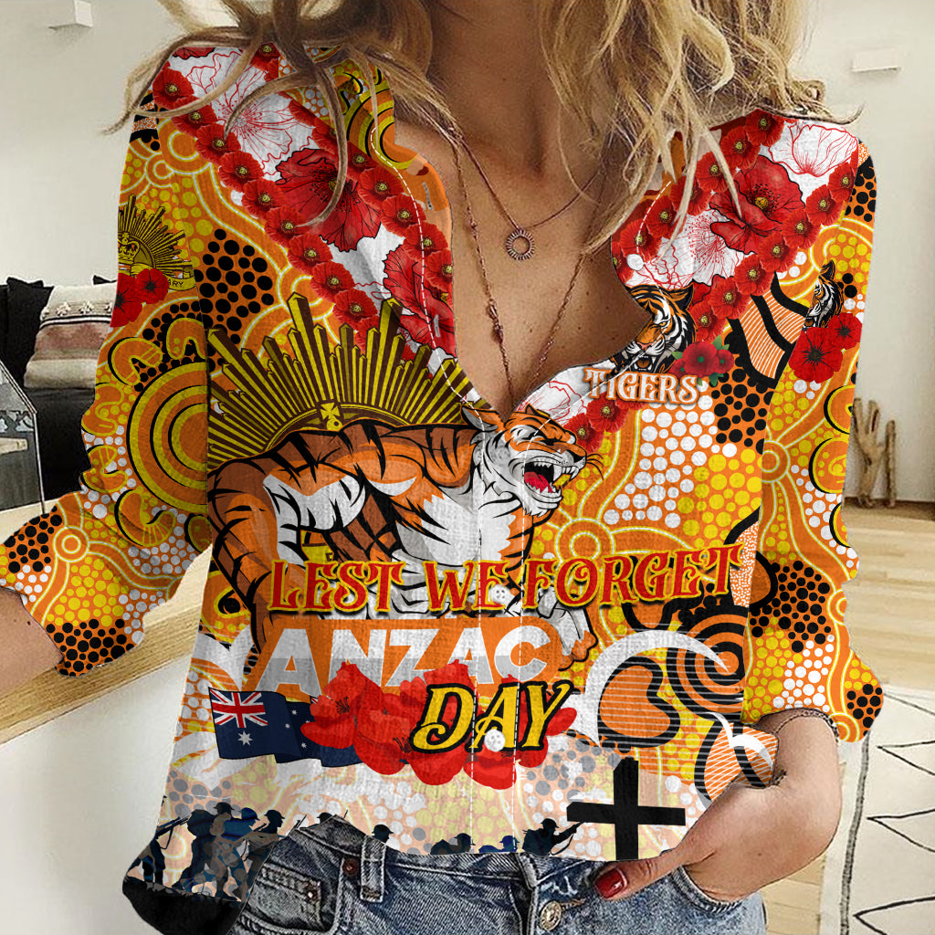 Personalised Tigers ANZAC Day Women Casual Shirt Aboriginal Rising Sun