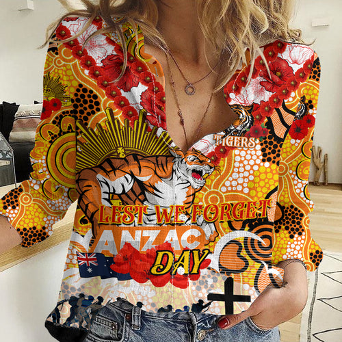 Personalised Tigers ANZAC Day Women Casual Shirt Aboriginal Rising Sun