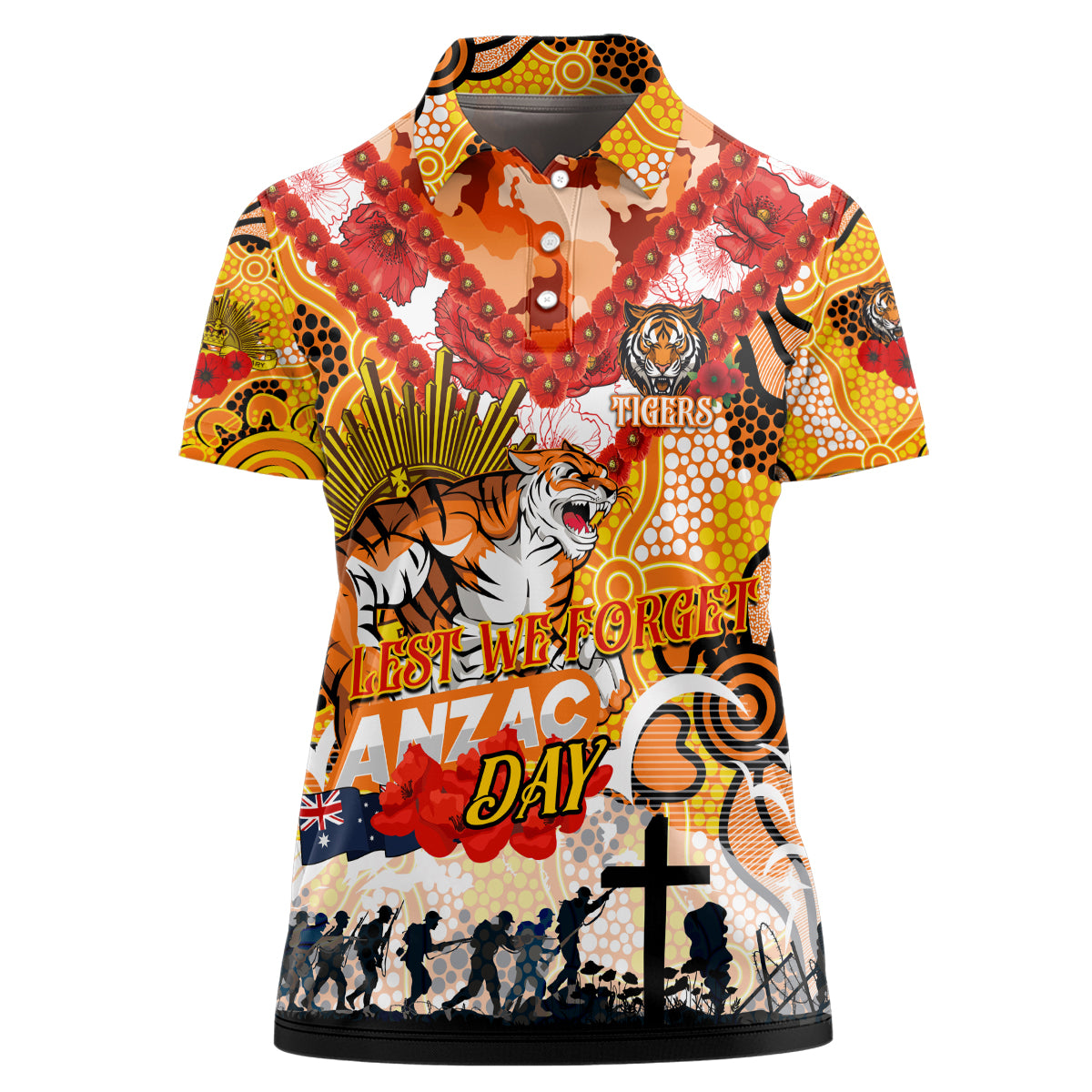 Personalised Tigers ANZAC Day Women Polo Shirt Aboriginal Rising Sun