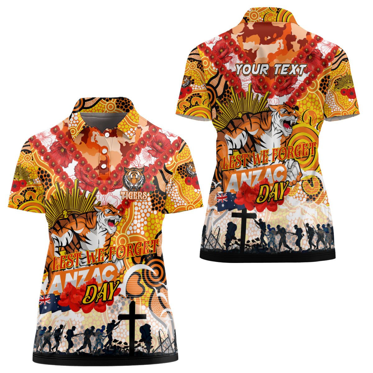 Personalised Tigers ANZAC Day Women Polo Shirt Aboriginal Rising Sun