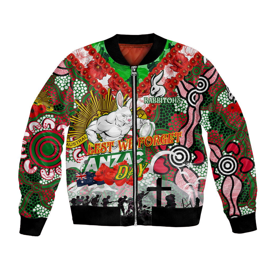 Personalised Rabbitohs ANZAC Day Bomber Jacket Aboriginal Rising Sun