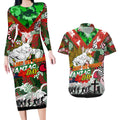 Personalised Rabbitohs ANZAC Day Couples Matching Long Sleeve Bodycon Dress and Hawaiian Shirt Aboriginal Rising Sun