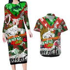 Personalised Rabbitohs ANZAC Day Couples Matching Long Sleeve Bodycon Dress and Hawaiian Shirt Aboriginal Rising Sun