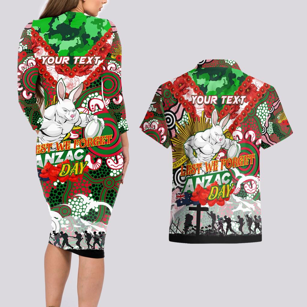 Personalised Rabbitohs ANZAC Day Couples Matching Long Sleeve Bodycon Dress and Hawaiian Shirt Aboriginal Rising Sun