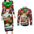 Personalised Rabbitohs ANZAC Day Couples Matching Long Sleeve Bodycon Dress and Long Sleeve Button Shirt Aboriginal Rising Sun