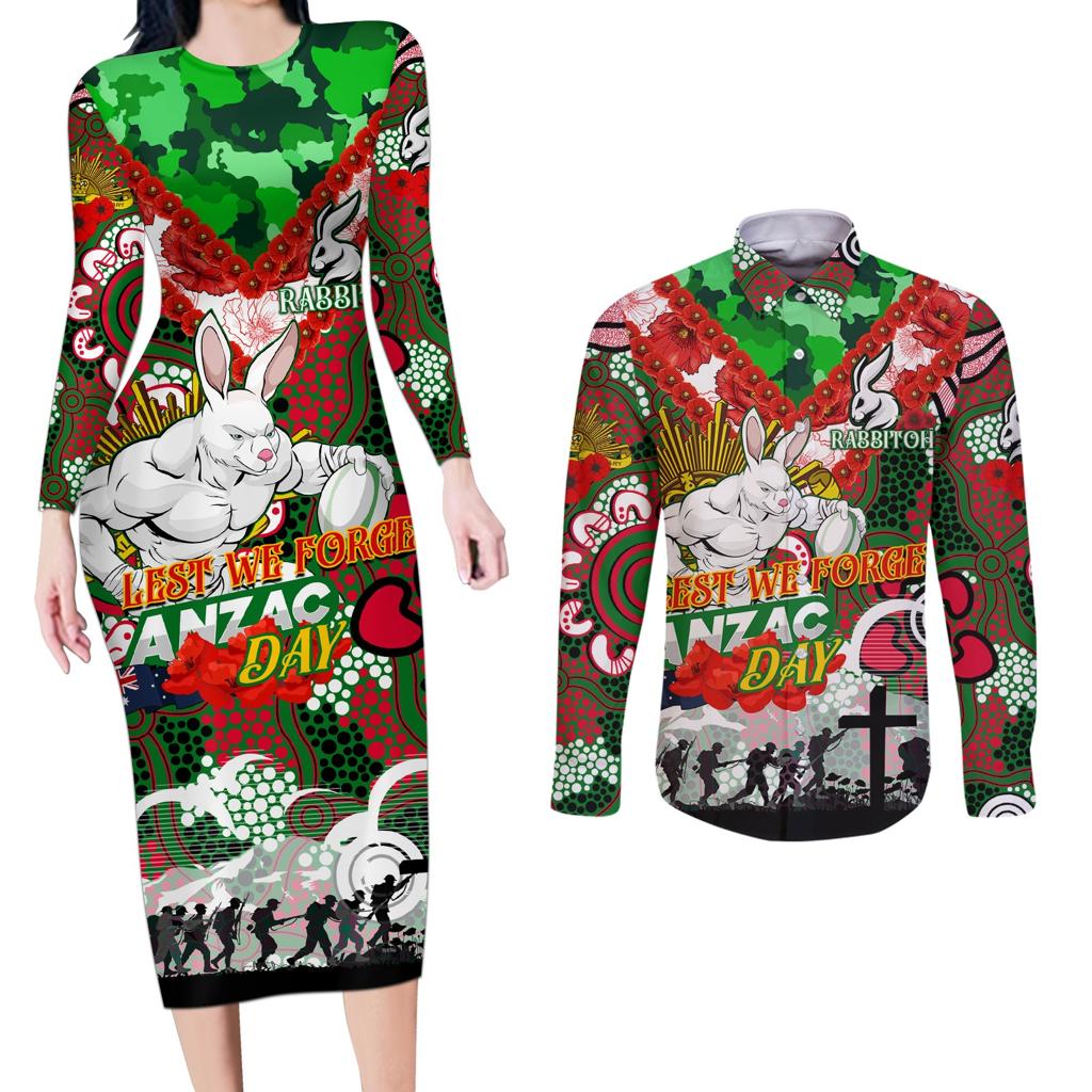 Personalised Rabbitohs ANZAC Day Couples Matching Long Sleeve Bodycon Dress and Long Sleeve Button Shirt Aboriginal Rising Sun