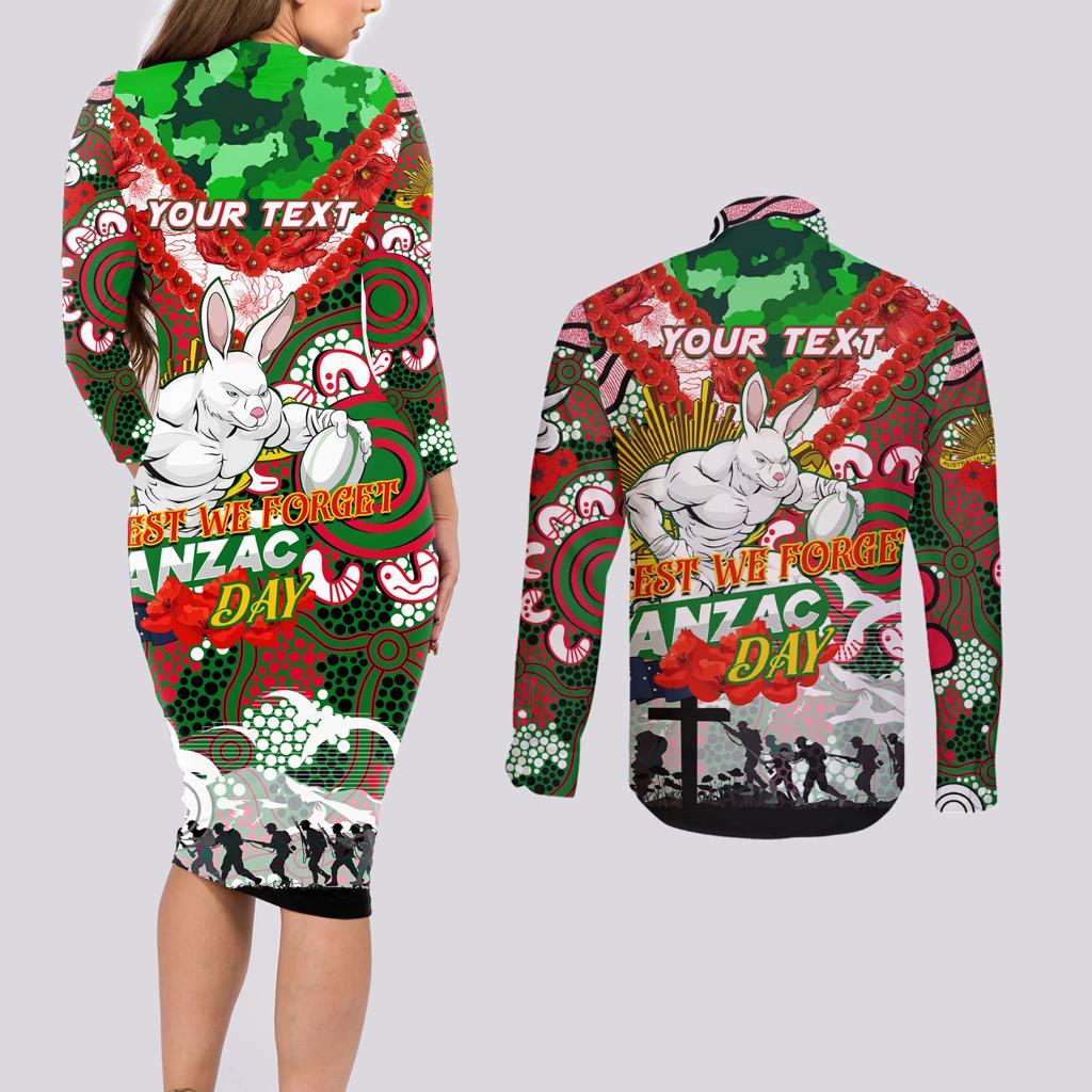 Personalised Rabbitohs ANZAC Day Couples Matching Long Sleeve Bodycon Dress and Long Sleeve Button Shirt Aboriginal Rising Sun