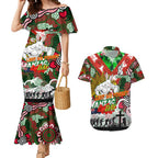 Personalised Rabbitohs ANZAC Day Couples Matching Mermaid Dress and Hawaiian Shirt Aboriginal Rising Sun