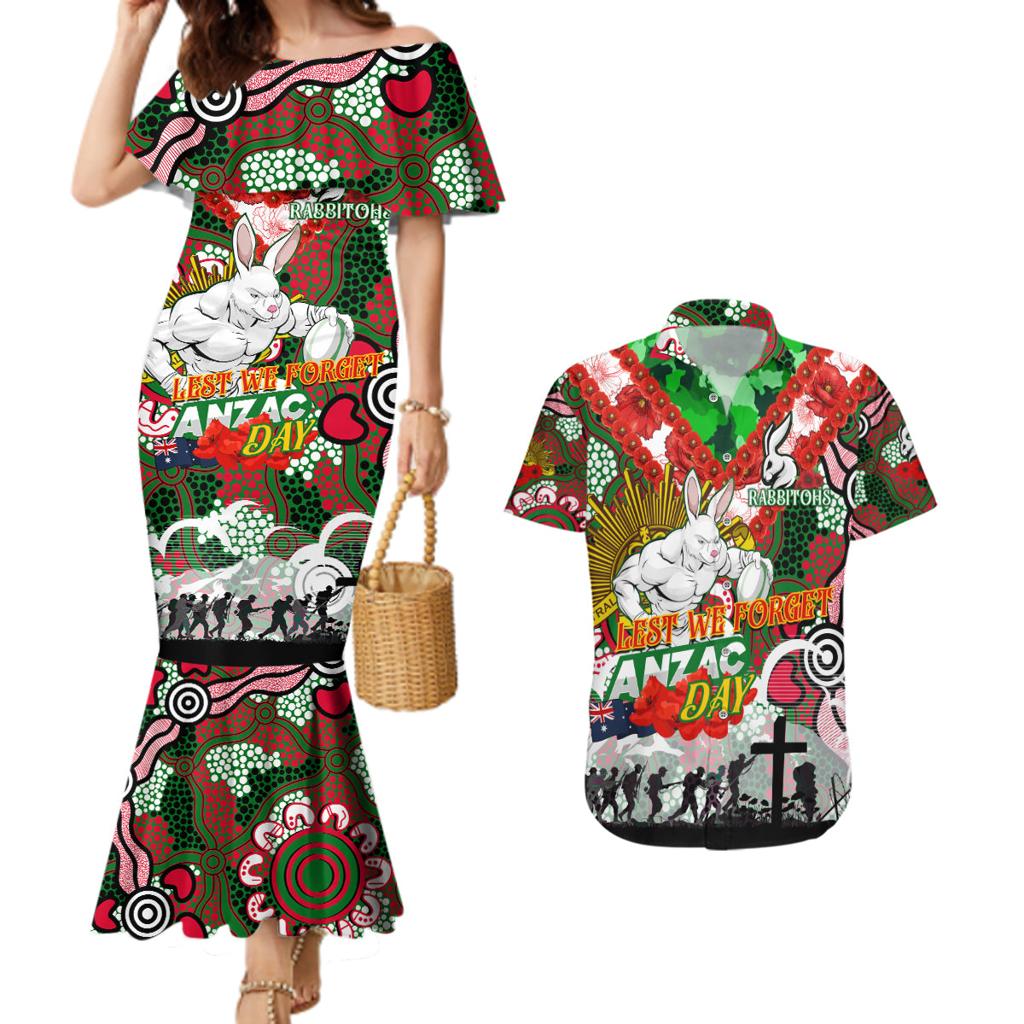 Personalised Rabbitohs ANZAC Day Couples Matching Mermaid Dress and Hawaiian Shirt Aboriginal Rising Sun