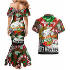 Personalised Rabbitohs ANZAC Day Couples Matching Mermaid Dress and Hawaiian Shirt Aboriginal Rising Sun