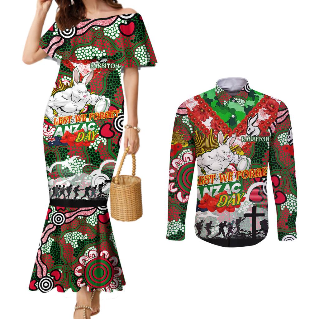 Personalised Rabbitohs ANZAC Day Couples Matching Mermaid Dress and Long Sleeve Button Shirt Aboriginal Rising Sun