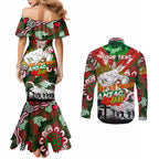 Personalised Rabbitohs ANZAC Day Couples Matching Mermaid Dress and Long Sleeve Button Shirt Aboriginal Rising Sun