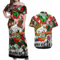 Personalised Rabbitohs ANZAC Day Couples Matching Off Shoulder Maxi Dress and Hawaiian Shirt Aboriginal Rising Sun