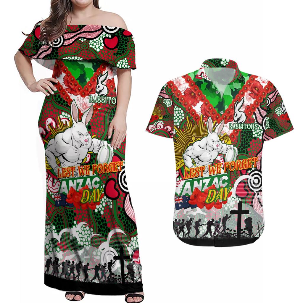 Personalised Rabbitohs ANZAC Day Couples Matching Off Shoulder Maxi Dress and Hawaiian Shirt Aboriginal Rising Sun