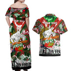 Personalised Rabbitohs ANZAC Day Couples Matching Off Shoulder Maxi Dress and Hawaiian Shirt Aboriginal Rising Sun