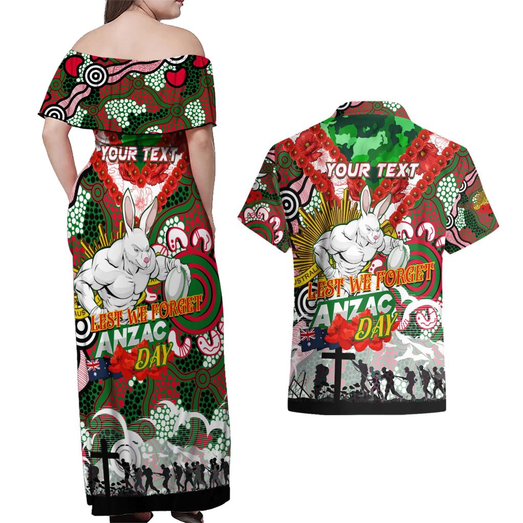 Personalised Rabbitohs ANZAC Day Couples Matching Off Shoulder Maxi Dress and Hawaiian Shirt Aboriginal Rising Sun
