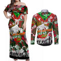Personalised Rabbitohs ANZAC Day Couples Matching Off Shoulder Maxi Dress and Long Sleeve Button Shirt Aboriginal Rising Sun