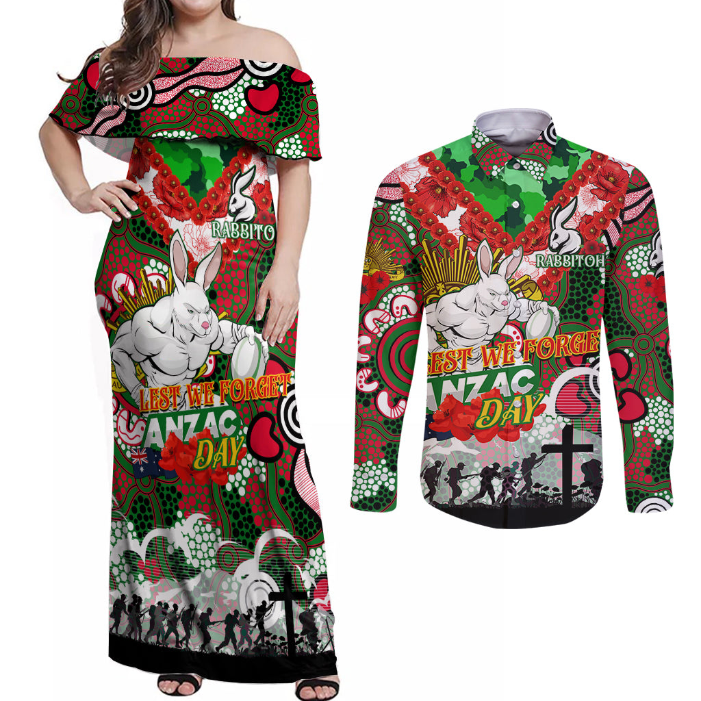 Personalised Rabbitohs ANZAC Day Couples Matching Off Shoulder Maxi Dress and Long Sleeve Button Shirt Aboriginal Rising Sun