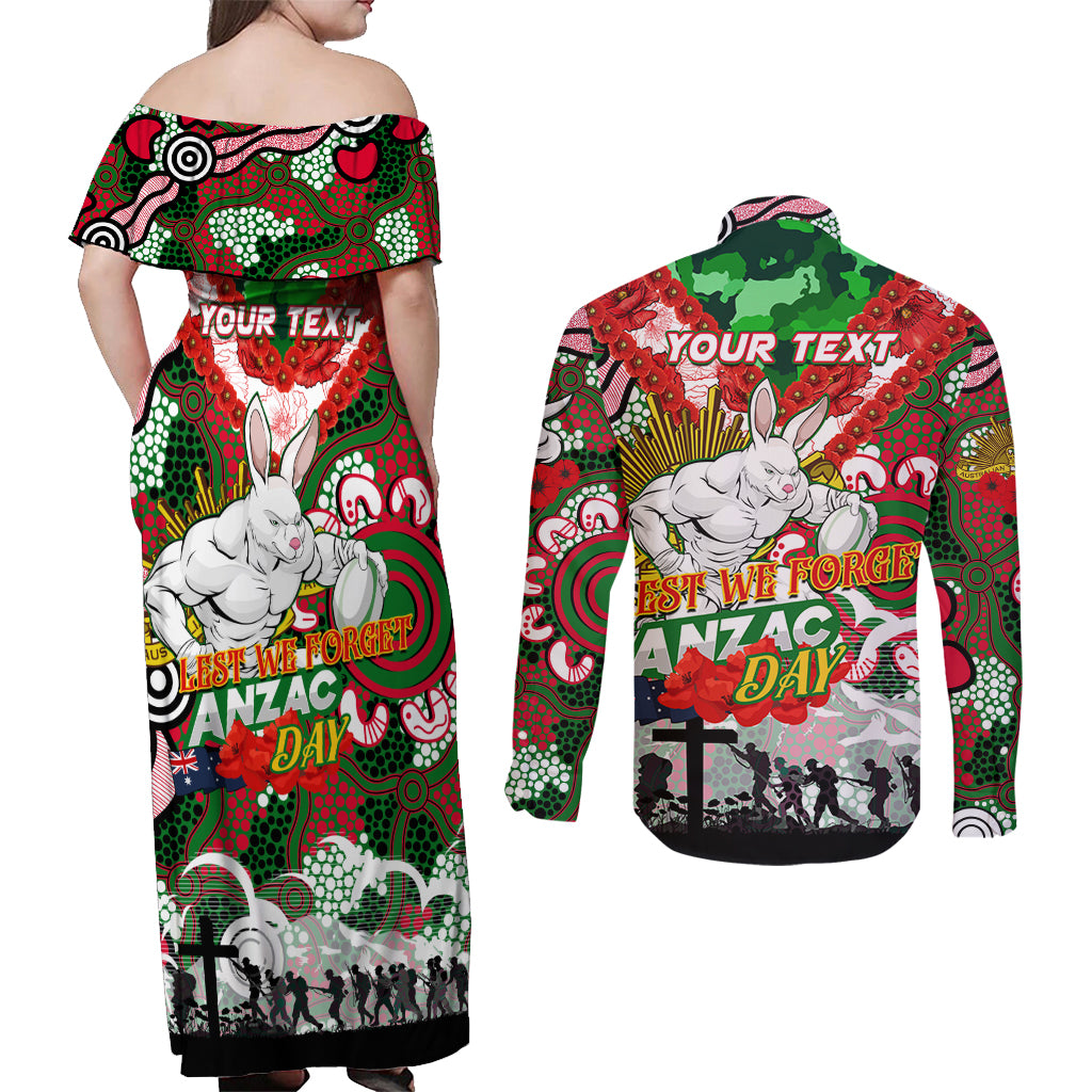 Personalised Rabbitohs ANZAC Day Couples Matching Off Shoulder Maxi Dress and Long Sleeve Button Shirt Aboriginal Rising Sun
