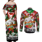 Personalised Rabbitohs ANZAC Day Couples Matching Off Shoulder Maxi Dress and Long Sleeve Button Shirt Aboriginal Rising Sun