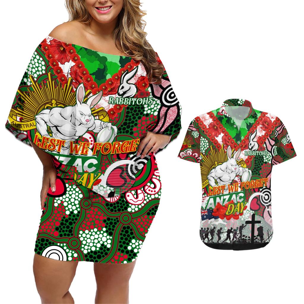 Personalised Rabbitohs ANZAC Day Couples Matching Off Shoulder Short Dress and Hawaiian Shirt Aboriginal Rising Sun