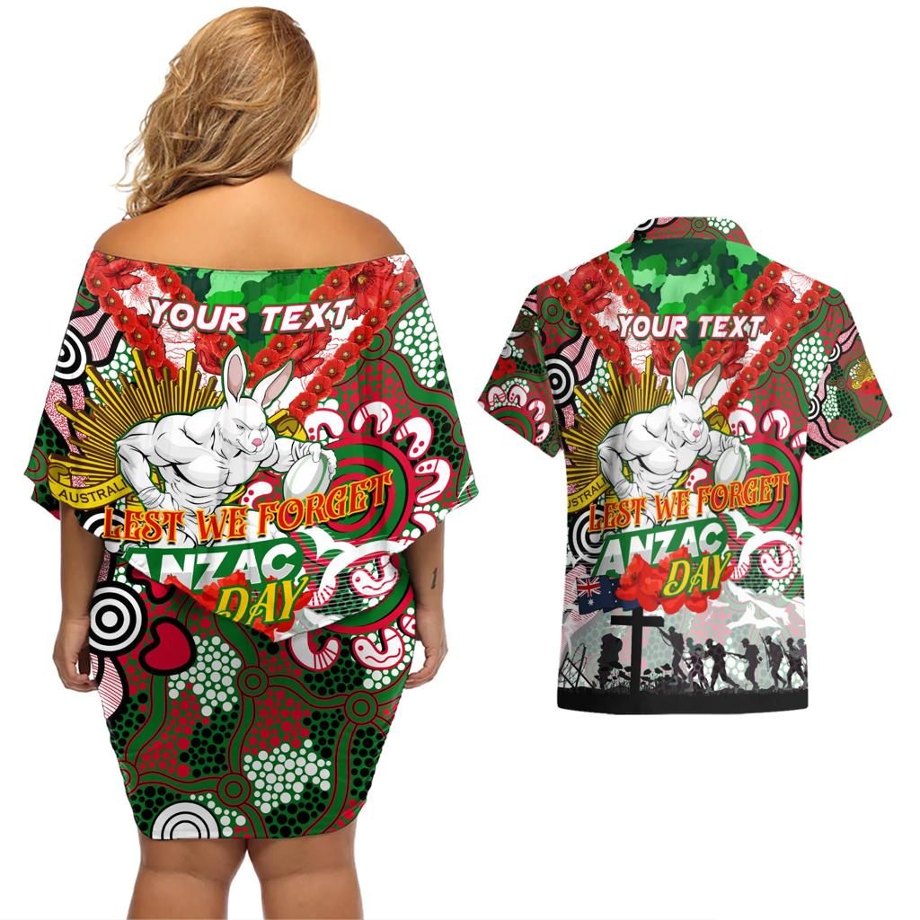 Personalised Rabbitohs ANZAC Day Couples Matching Off Shoulder Short Dress and Hawaiian Shirt Aboriginal Rising Sun